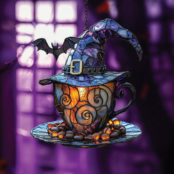Wall Hangs,Witch Hat Teacup Acrylic Wall Hanging Double Printed Gothic Halloween Decor With Bat Motif Kitchen Or Coffee Lover's Decor