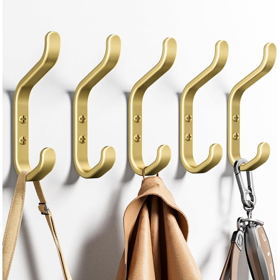 Wall Hook for Hanging Coats - Stainless Coat Hook 5 Pack Wall Mount for Backpack, Bag, Keys and Towel, Double Hook in Closet, Entryway, Door, Bathroom and Farmhouse, Hold Up to 22Lbs, Gold.