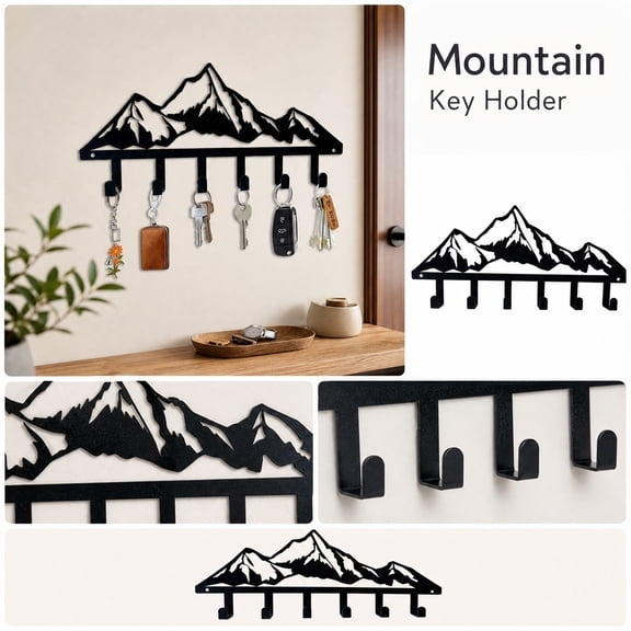 Wall Hook Rack, Mountain Wall Art, Decorative Wall Hooks, Wall Storage Organizer, 12X5.5 Inch Black Metal Art Wall Decor 6-Hook Wall Mount Hanger Rack for Keys, Towels, Coats,