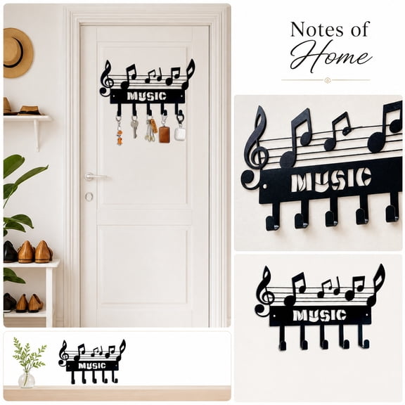 Wall Hook Rack, Music Decor Metal Art Wall Decor, Key Holder Wall Mount 12X7 In, Key Rack Wall Mount for Home Entryway, Functional 5-Hook Note Staff Design Wall Organizer for