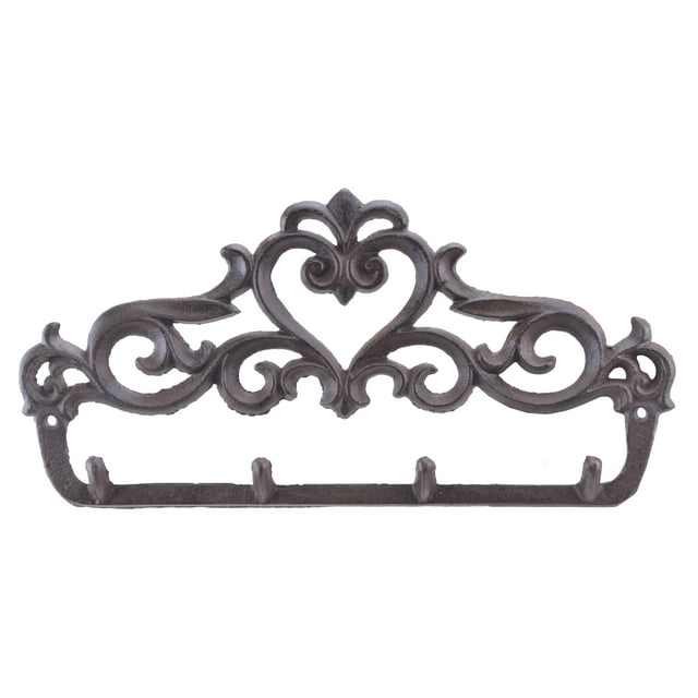 Wall Hook Rack Ornate Heart Victorian Style With 4 Hooks 12" Wide Brown