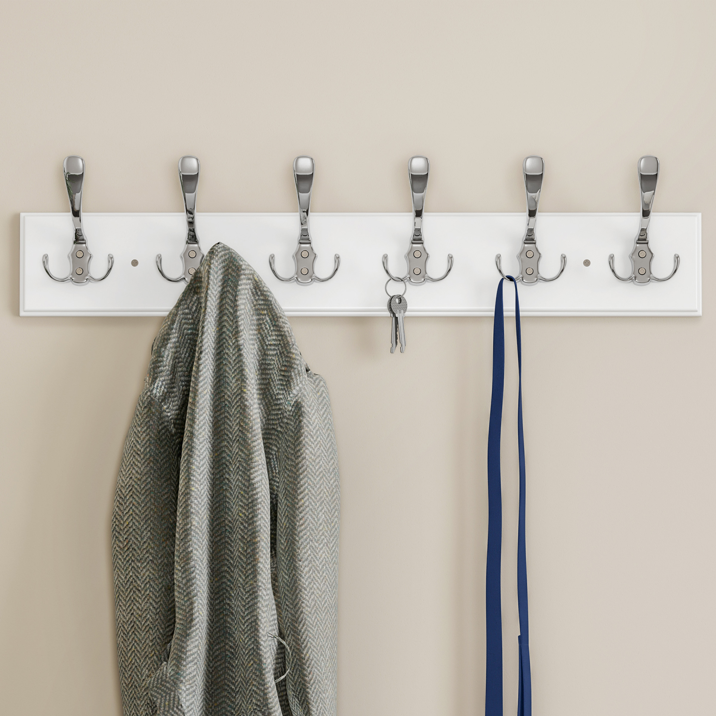 Wall Hook Rail-Mounted Hanging Rack With 6 Hooks-Entryway, Hallway, Or Bedroom-Storage Organization For Coats, Towels, Bags By Lavish Home (White) - image 1 of 7