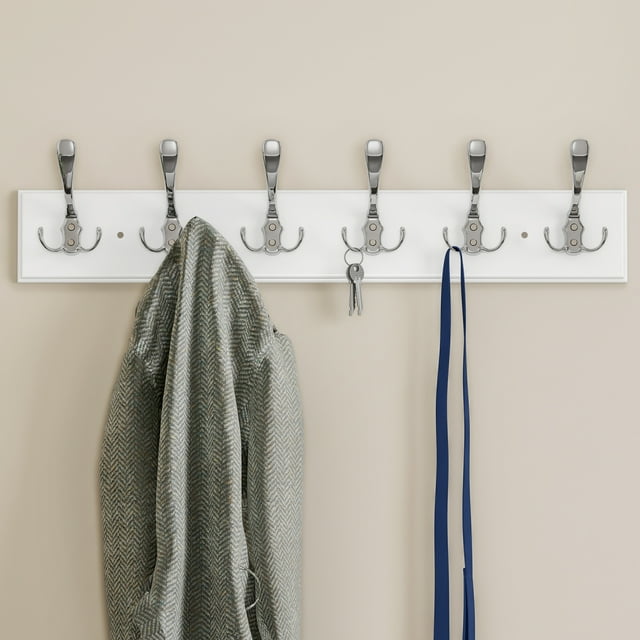 Wall Hook Rail-Mounted Hanging Rack With 6 Hooks-Entryway, Hallway, Or Bedroom-Storage Organization For Coats, Towels, Bags By Lavish Home (White)