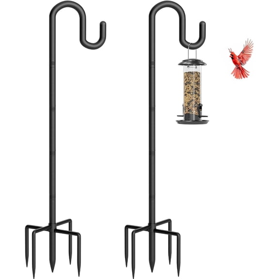 Shepherds Hook for Bird Feeder, 92" Heavy Duty Double Bird Feeder Pole with 5-Prong Base, Thickened Metal Shepherd Hook for Outdoor Hanging Flower Baskets, Solar Lights, Black, 2 Pack