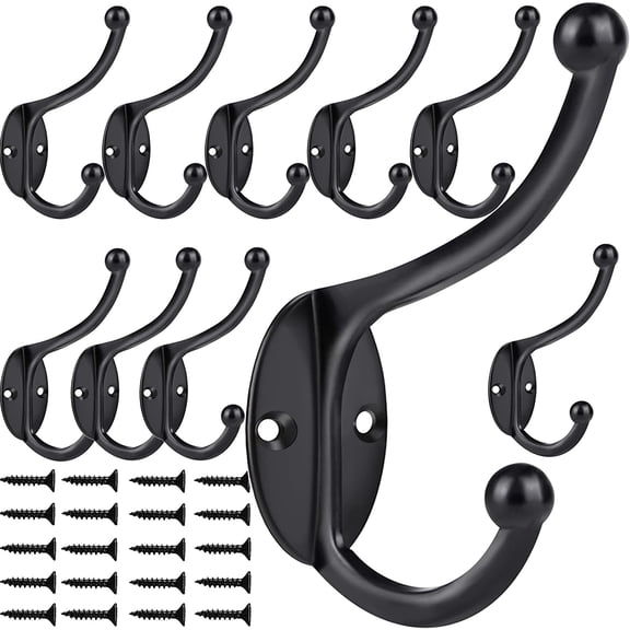 Wall Hooks,10Pcs Coat Hooks Hardware Towel Hooks for Hanging Coats Double No Rust Black Robe Hooks Wall Mounted with Screws for Key, Towel, Bags, Cup, Hat