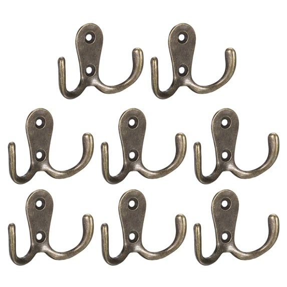 Wall Hooks, 8 Pack - Zinc Alloy Double Prong Retro Hook, Hooks for Hanging Towel Backpack Clothes Scarf (Bronze)