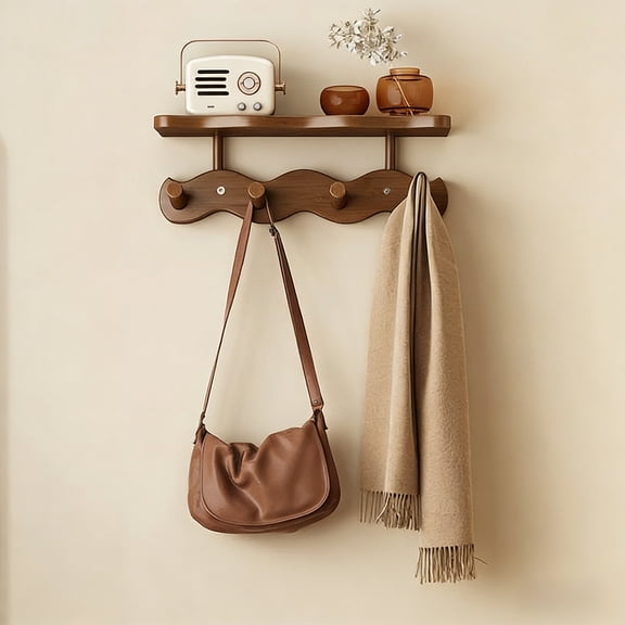 Wall Hooks Coat Rack Brown Wood 4 Hooks with Shelf 13 in Bathroom Kitchen Entryway Towel Hat Organizer