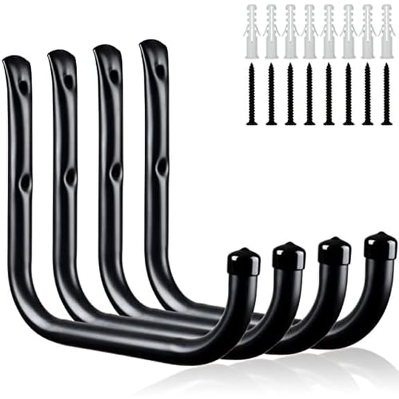 Wall Hooks for Garage Garden, 4 Pack Water Hose Holder, Large Garage Storage Hanger for Ladder Bike Extension Cord Tool, Wall Mount l Hooks, Black Heavy Duty 8 inch Long Hook