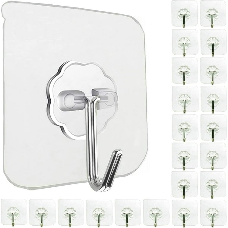 Wall Hooks for Hanging 33lb(Max) Heavy Duty Self Adhesive Hooks 24 Pack Transparent Waterproof Sticky Hooks for Keys Bathroom Shower Outdoor Kitchen