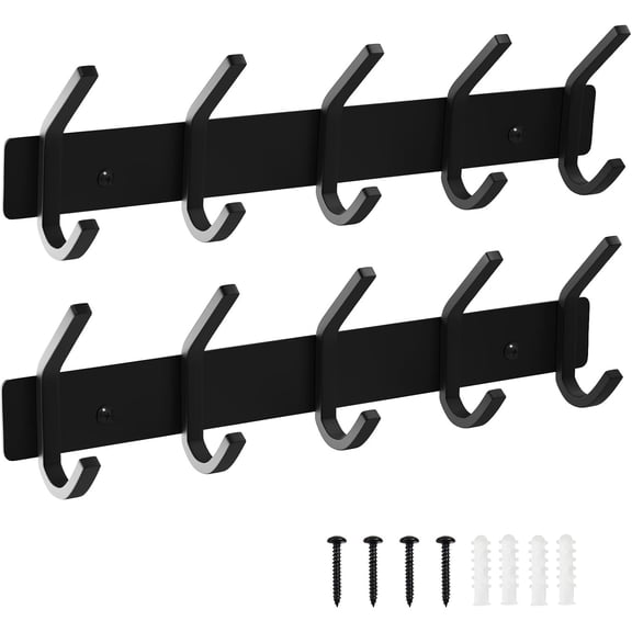 Wall Hooks, Heavy Duty Aluminum Towel Hooks for Hanging Coat, Hat, Key, Clothes, Closet Hook Wall Mount for Kitchen, Bathroom, Office (C Shape Coat 5 Hooks 2 Pack)