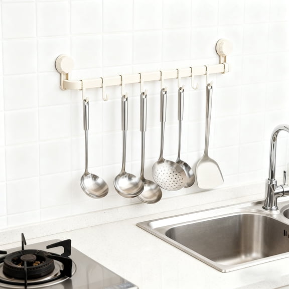 Wall Hooks Rack Kitchen Rail Space Saving Utensil Holder No Drilling Wall Mounted Hanger With 10 Hooks For Kitchen Bathroom Bedroom Rackwhite