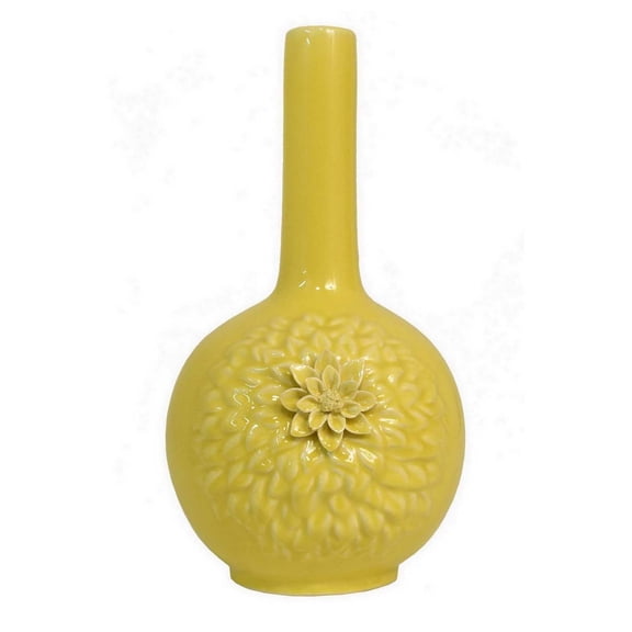 Wall Hooks, Remi Flower Vase, Narrow Neck, Yellow Ceramic w Floral Motifs, 16 Inch, Yellow Home Decor Accessories,Ceramic Cabinet Knobs, Household Supplies & Décor Accessories