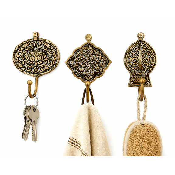 Wall Hooks Set of 3 Vintage Brass Antique Decorative Coat Hooks for Wall Mount, Heavy Duty Key Holder, Towel Hook for Bathroom, Entryway, Kitchen Rustic Home Decor