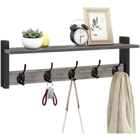 Wall Hooks With Shelf, 24 Inch Coat Rack Wall Mount for Entryway, Clothes, Backpack, Key, Purse - Floating Shelf Hanging in Bathroom, Bedroom, Hallway, Rustic Grey