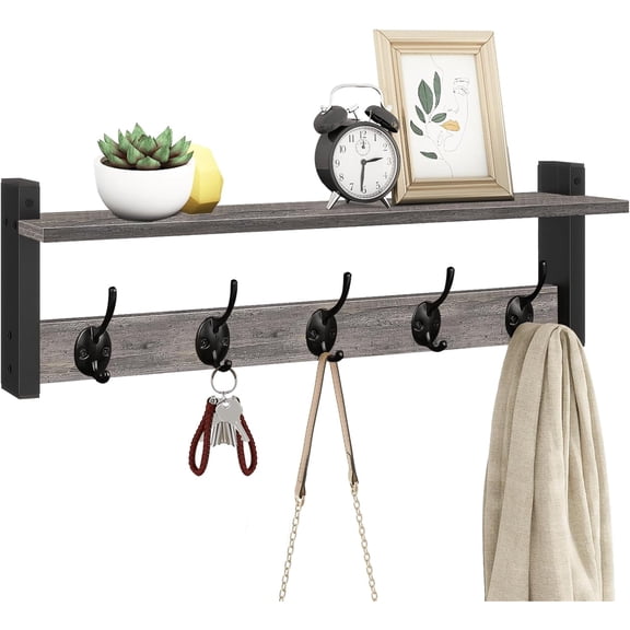 Wall Hooks With Shelf, 24 Inch Coat Rack Wall Mount for Entryway, Clothes, Backpack, Key, Purse - Floating Shelf Hanging in Bathroom, Bedroom, Hallway, Rustic Grey