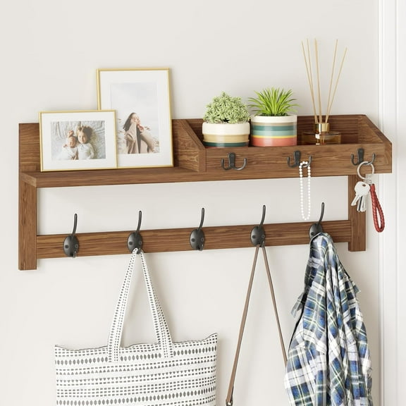 Wall Hooks with Shelf, 26.57 Inch Entryway Wood Coat Hooks for Wall with Shelf, Coat Rack Wall Mount with 5 Dual Hooks 3 Key Hooks Mail Organizer and Key Rack Holder (Brown)