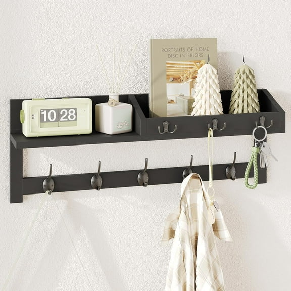 Wall Hooks with Shelf - 26.57" Entryway Wall Hanging Shelf Wood Coat Hooks and Key Holder (Black)