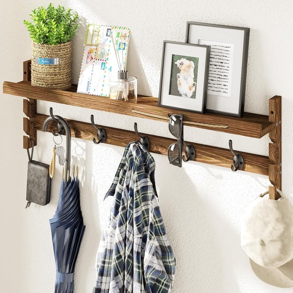 Wall Hooks with Shelf 28.9inch Entryway Wall Hanging Shelf, Wood Coat Hooks, Coat Rack Wall Mount Rack with 5 Dual Hooks, Glasses Organizer and Hat Organizer