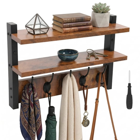 Wall Hooks with Shelf and 5 Metal Hooks Wood Coat Rack with Shelf Wall Mounted Entryway Hanging Shelves for Clothes Hats Towel Purse Robes Bathroom Bedroom