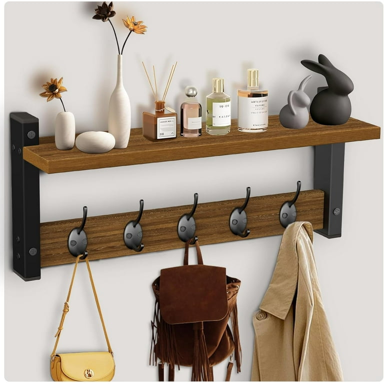 Wall Hooks with Shelf, Wood Coat Rack with Shelf Wall-Mounted
