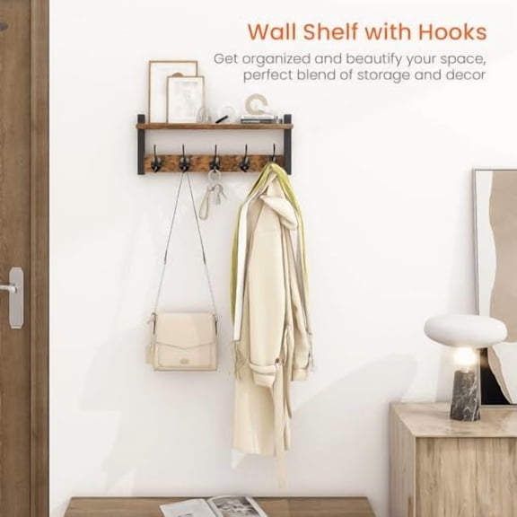 Wall Hooks with Shelf, Wood Coat Rack with Shelf Wall-Mounted, Entryway Hanging Shelves with 5 Metal Hooks for Clothes Hats Towel Purse Robes, Bathroom Mudroom Bedroom, Rustic Brown Black