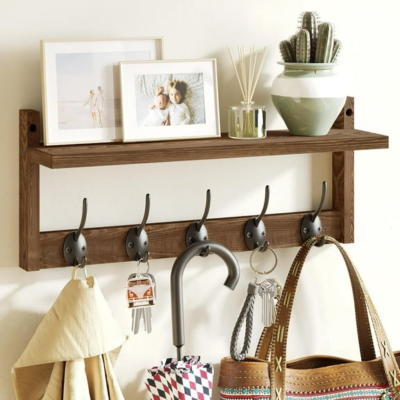 Wall Hooks with Shelf - Wooden Entryway Organizer with 5 Dual Hooks, Retro Wall-Mounted Coat Hook Rack for Bathroom, Living Room, Bedroom (17.12 Inch)