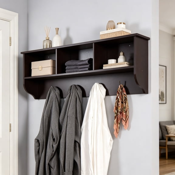 Wall Hooks with Storage Shelf, Wooden Coat Rack Wall Mount with 4 Dual Hooks, Entryway Hanging Shelf for Backpack, Key, Clothes, Hats, Umbrellas, Espresso