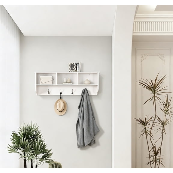 Wall Hooks with Storage Shelf, Wooden Coat Rack Wall Mount with 4 Dual Hooks, Entryway Hanging Shelf for Backpack, Key, Clothes, Hats, Umbrellas, White