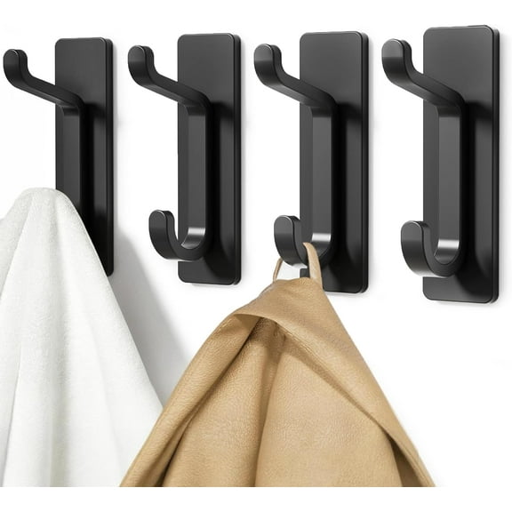 Wall Hooks for Coat and Towel: 13LB Strong Adhesive Door Hanger Stick on, Black 4 Pack