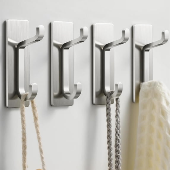 Wall Hooks for Coat and Towel: 13LB Strong Adhesive Door Hanger Stick on, Silver 4 Pack
