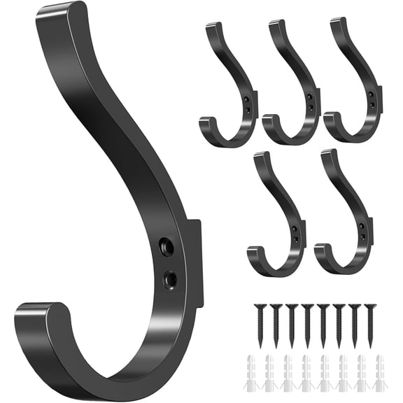 Wall Hooks for Hanging Coat/Backpack - 5.4'' Large 40LBS Heavy Duty Hanger Wall Mount Screw in, for Towel, Closet, Robe, Bag, Outdoor, Black 6 Pack