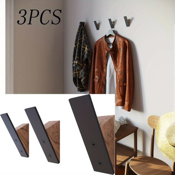 Wall Hooks for Hanging, Set of 3 Coat Hanger Rack with Black Walnut & Metal, Decorative Hat Hooks for Entryway, Bedroom, and Hallway