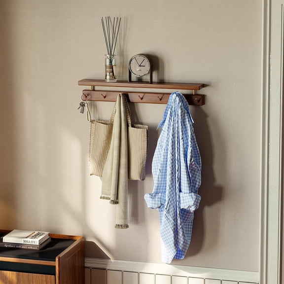 Wall Hooks with Shelf, Coat Rack Wall Mount, Entryway Hanging Shelf with 9 Brass Hooks for Hats, Clothes, Towels, Bags, Black Walnut Wood