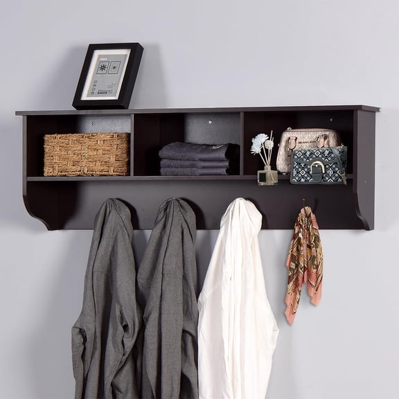 Wall Hooks with Storage Shelf Wooden Coat Rack Wall Mount with 4 Dual Hooks Entryway Hanging Shelf Backpack Key Clothes Hats Umbrellas, Espresso