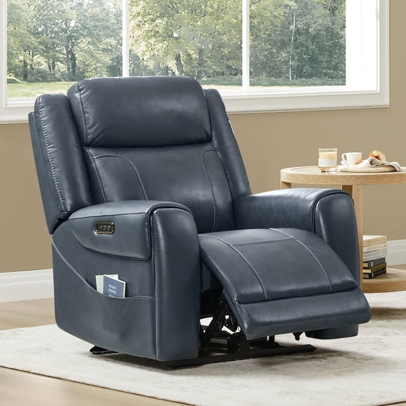 Spruce & Spring Wall Hugger Genuine Leather Power Recliner with Headrest, Navy