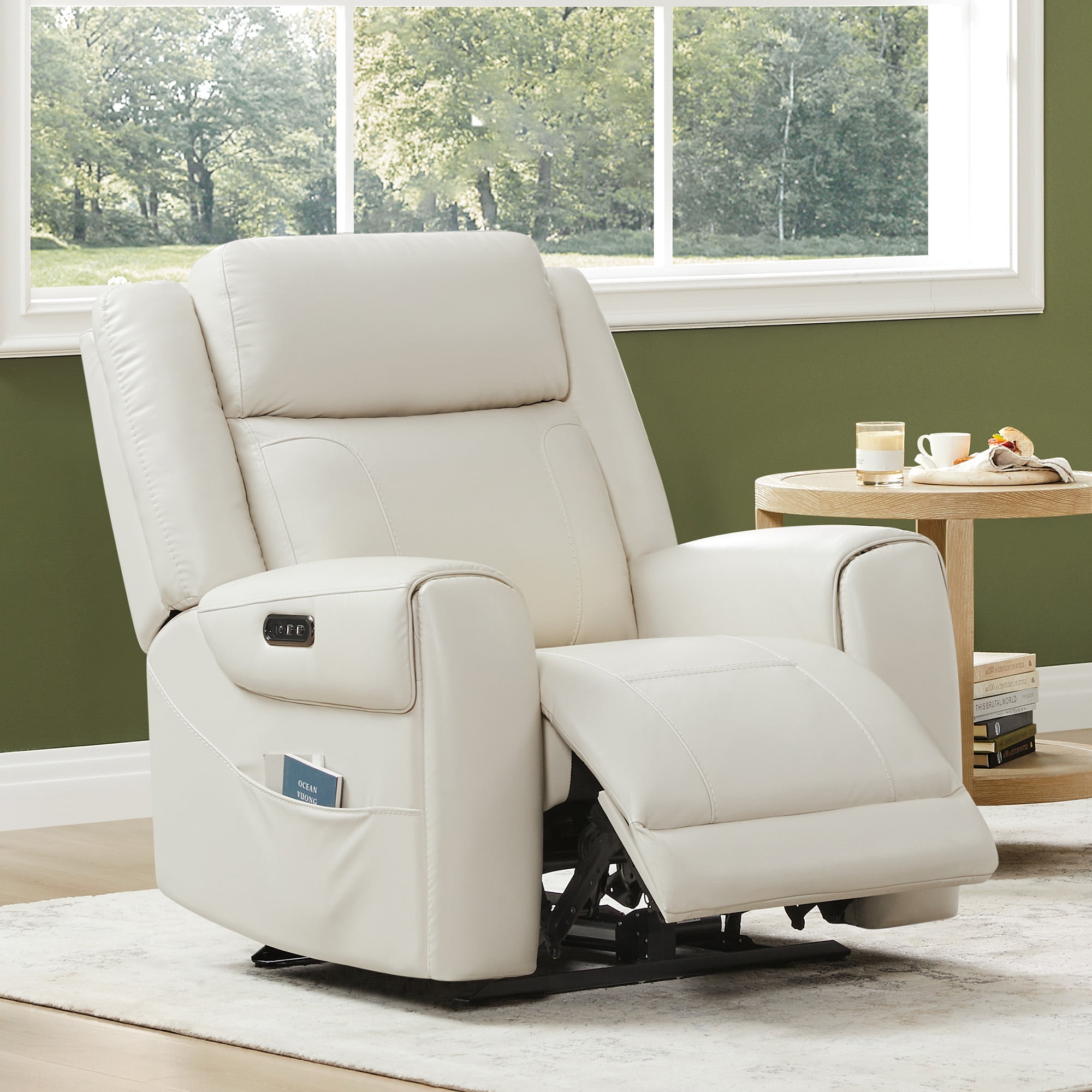 Spruce & Spring Wall Hugger Genuine Leather Power Recliner with Headrest, Cream
