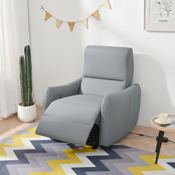 Wall Hugger Recliner with USB Port, Power Recliner Chair with Overstuffed Seat and Back, Electric Recliner Sofa Chair for Bedroom Apartment RV Living Room, Blue Gray
