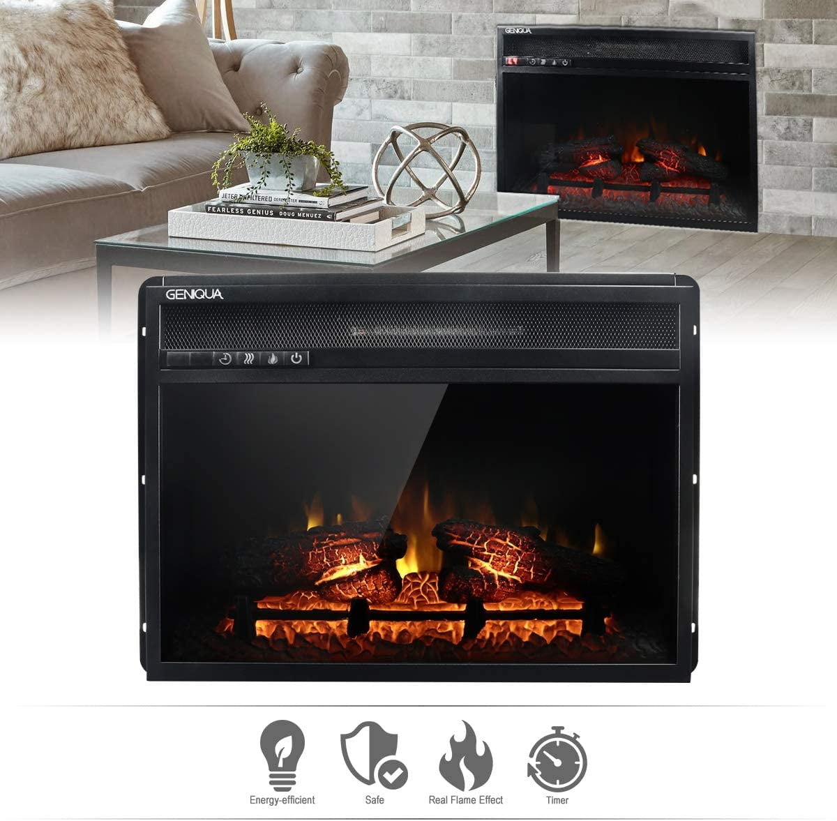 Wall Insert 1400W Electric Fireplace Heat w/ LED Flame Timer Heater