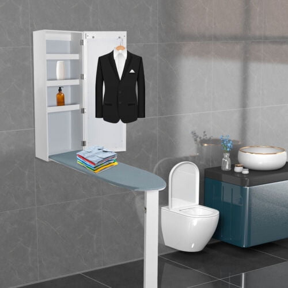 Wall Ironing Board, Wall Mount Iron Board Holder, and Storage & Mirror