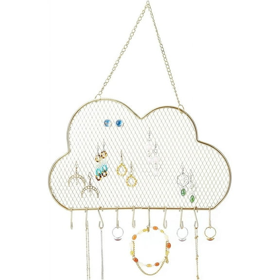 Wall Jewelry Organizer Stud Earring Holder Hanging Necklace Bracelet Display Stand with 10 Hooks Decorative Cloud Organizer DIY