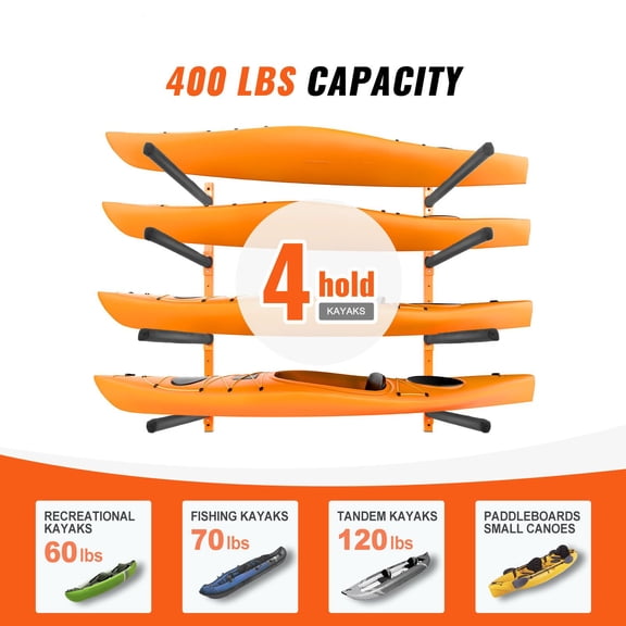 Wall Kayak Storage Rack,4-Capacity Wall Mounted Kayak Holders for Kayak Canoe Paddle Board,Kayak Storage Hooks with Adjustable Padded Arms,400 LBS Load Kayak Hanger for Indoor Outdoor Garage