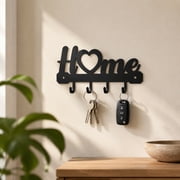 Wall Key Holder with 4 Hooks, Metal Key Rack Wall Mount for Keys, Bags and Leashes, Decorative Organizer for Entryway, Mudroom or Hallway, 7 inches, Black