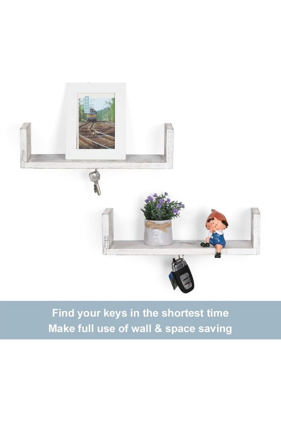 Wall Keychain, U-Shaped Antique Wood Magnetic Floating Key Holder, 2-Pack - Distressed White Paint