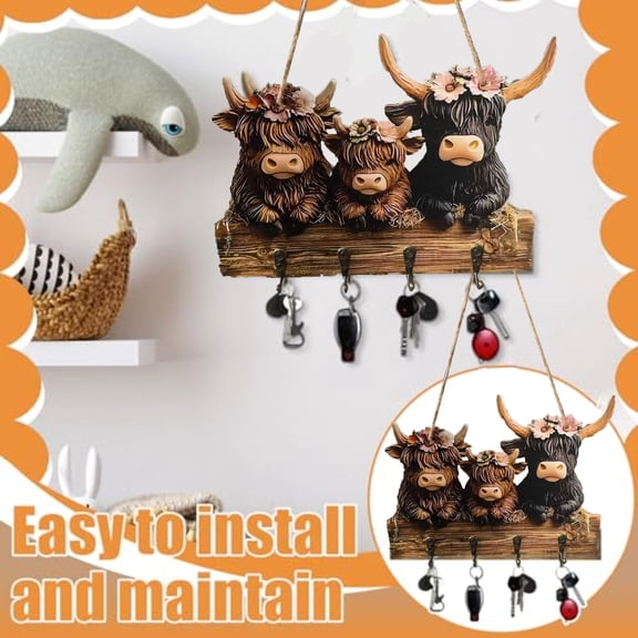 Wall Keys Hanger with Hooks, Highland Cow Ornaments Key Holder Highland Cattle Wooden Key Holder with Metal Hooks, Cow Wall Decorative Rack for Entryway Hallway Kitchen