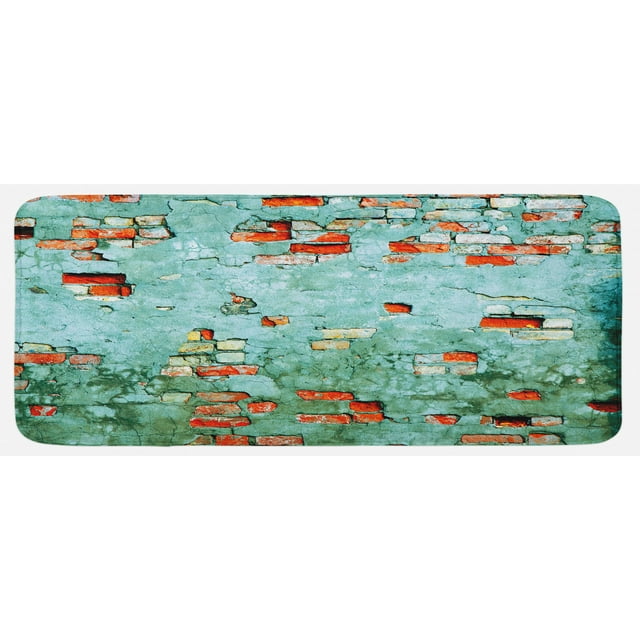 Wall Kitchen Mat, Fragment of Brickwork Close-up Photograph Old Damaged Dramatic Wrecked Grunge Texture, Plush Decorative Kitchen Mat with Non Slip Backing, 47" X 19", Red Teal, by Ambesonne