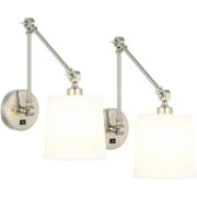 Wall Lamp, Modern Foldable Swing Arm Bedside Reading Wall Light with Fabric Shade Brushed Nickel Finish 2 Pack