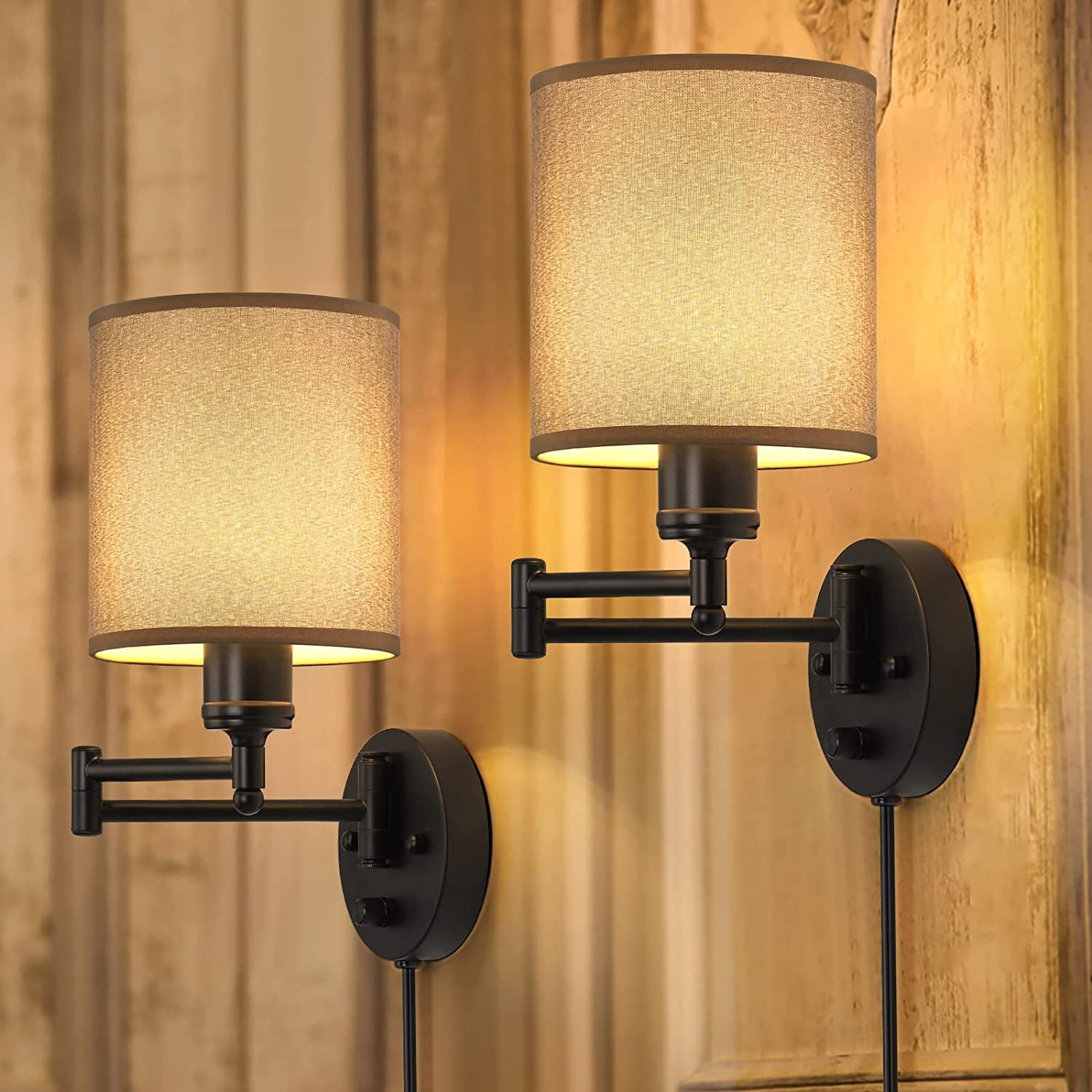 Wall Lamps Plug in, Swing Arm Wall Sconce Set of 2 with Light Brown Lampshade, Modern Bedroom Wall Lights Fixtures, Bedside Wall Reading Lights