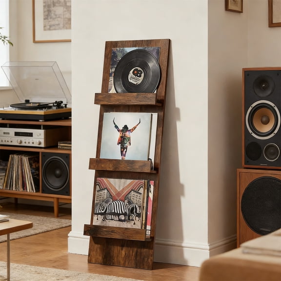 Wall-Leaning Vinyl Record Holder with 3-Tier Display Shelf, 47.5" Tall Record Storage Magazine Holder, Holds Up to 30 Vinyl Albums or CDs for Living Room, Brown