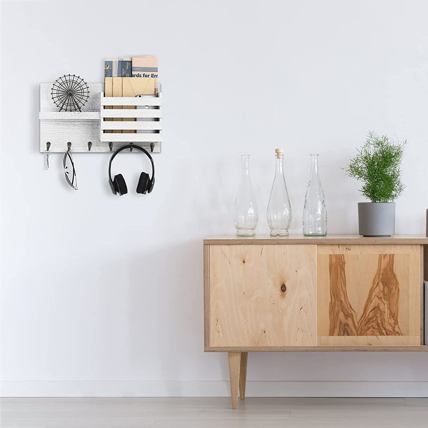 Wall Letter Organizer, Wall Mounted Storage Shelf, 6 Key Hooks Rustic