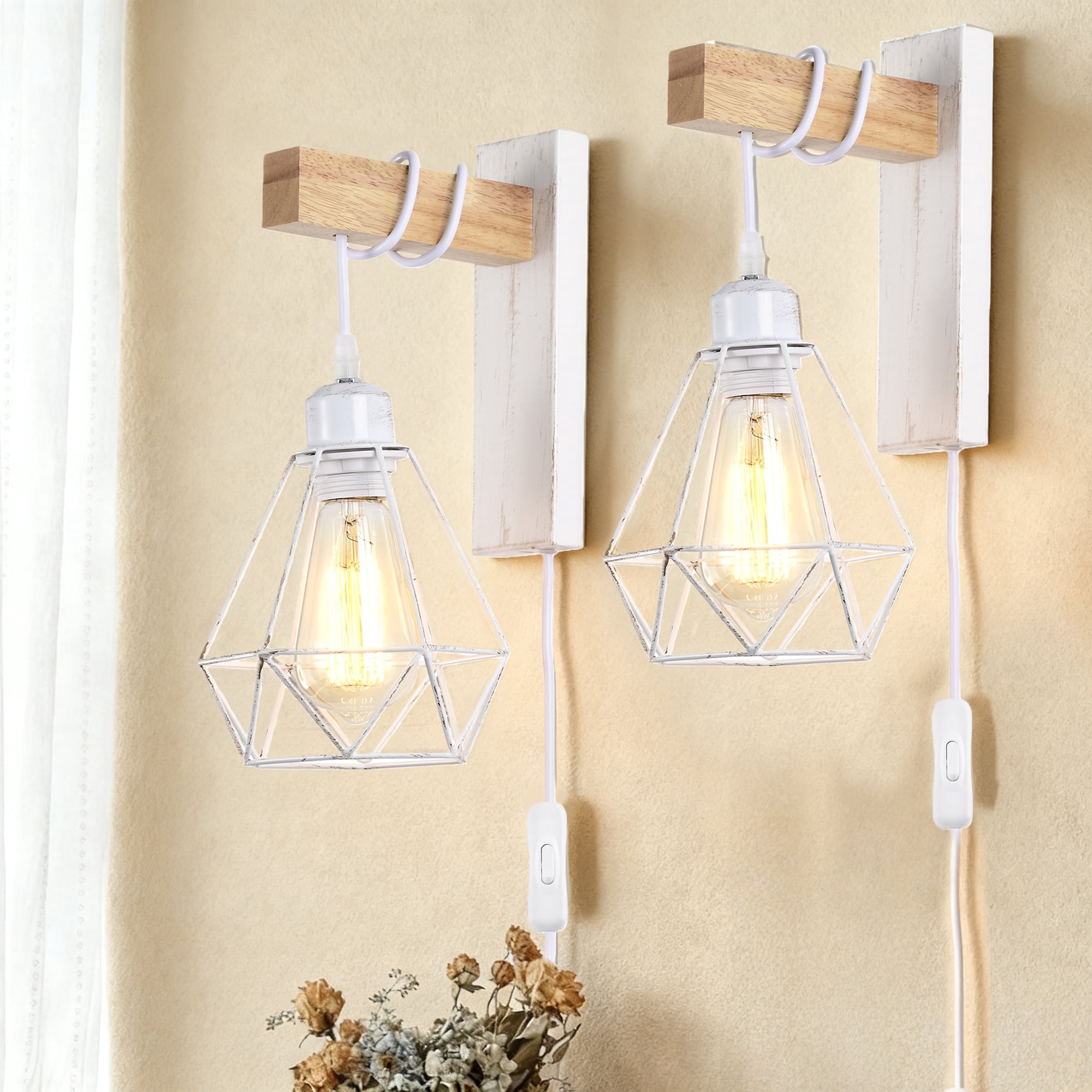 Farmhouse Plug In Wall Sconces Set of 2, Wood White Metal Cage Wall Lights with On/Off Switch for Bedroom Living Room